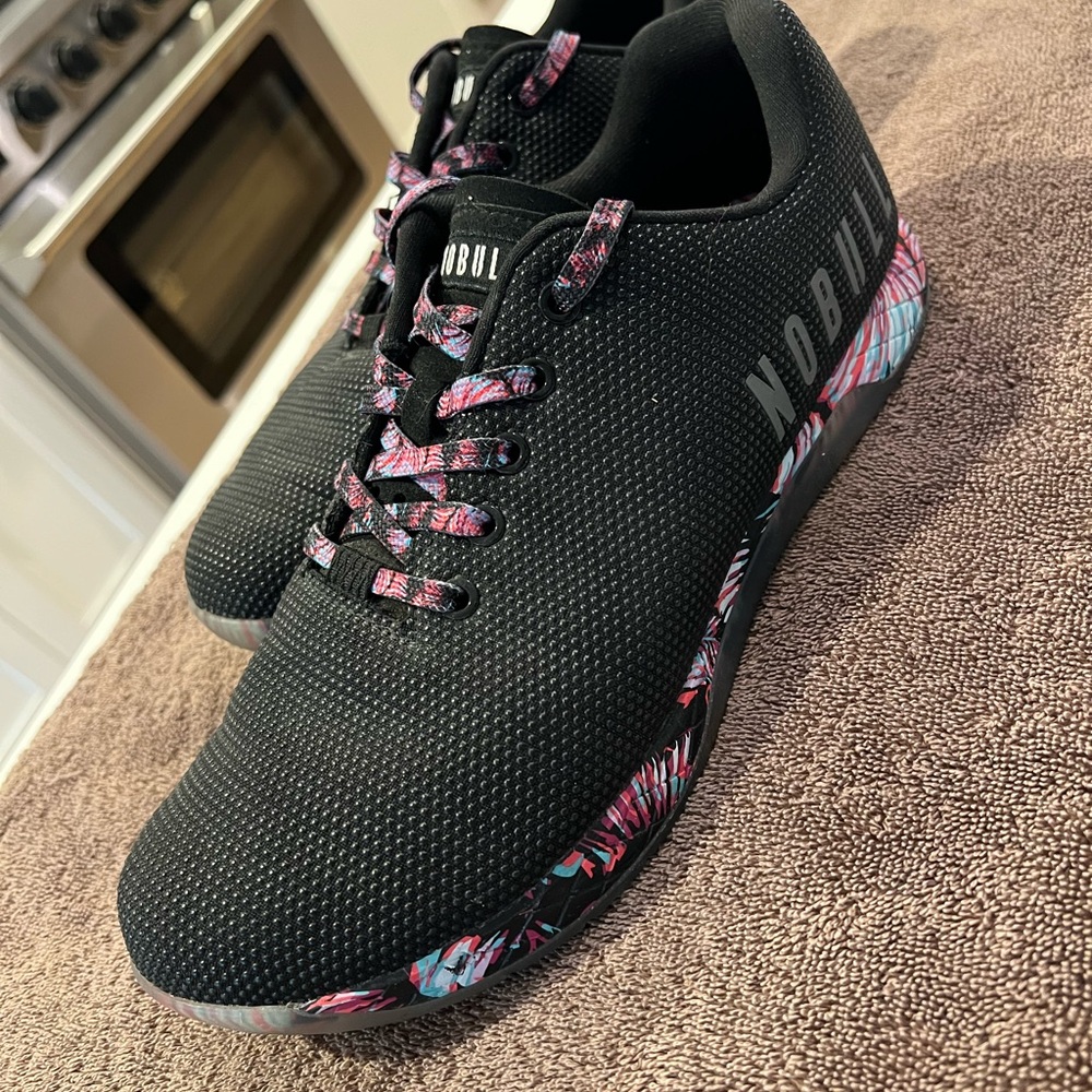 NOBULL Men’s Black Tropical trainers with Pink Floral Athletic Shoes